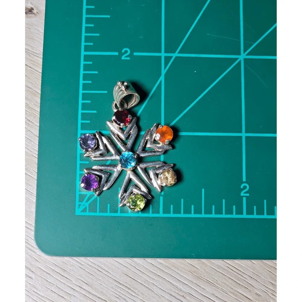 Vintage Sterling Silver Multistone Snowflake Pendant | Colorful Gemstone Charm - Picture 3 of 7